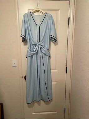 Light Blue/Brown Trim V-Neck Maxi Dress